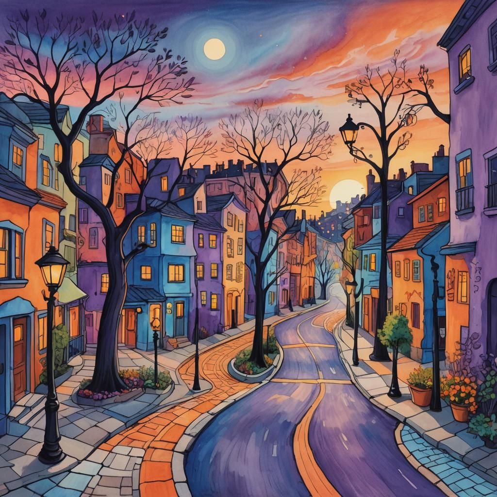 Colorful City Street Sunset in Whimsical Style