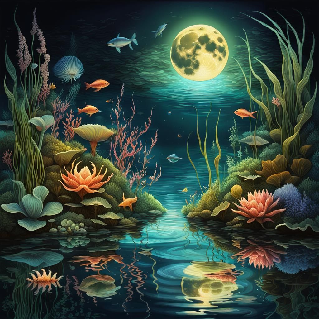 Glowing Moon Reflected in Fantasy Aquatic Scene