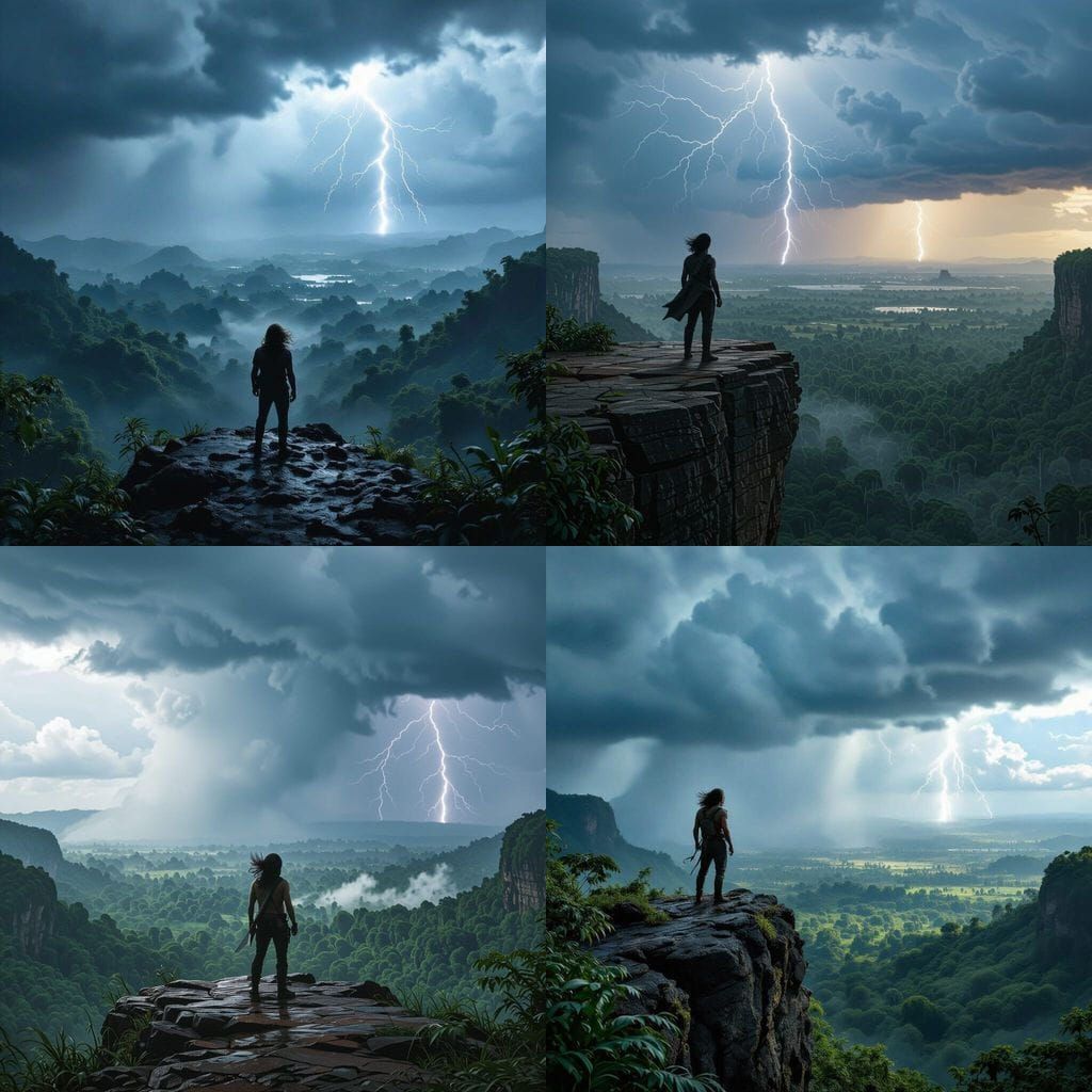 Epic Adventure Film Still: Cliff Overlook in Jungle Storm