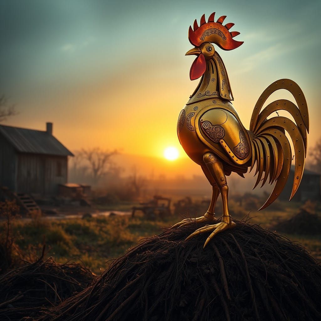 Steampunk Rooster Robot in Golden Hues