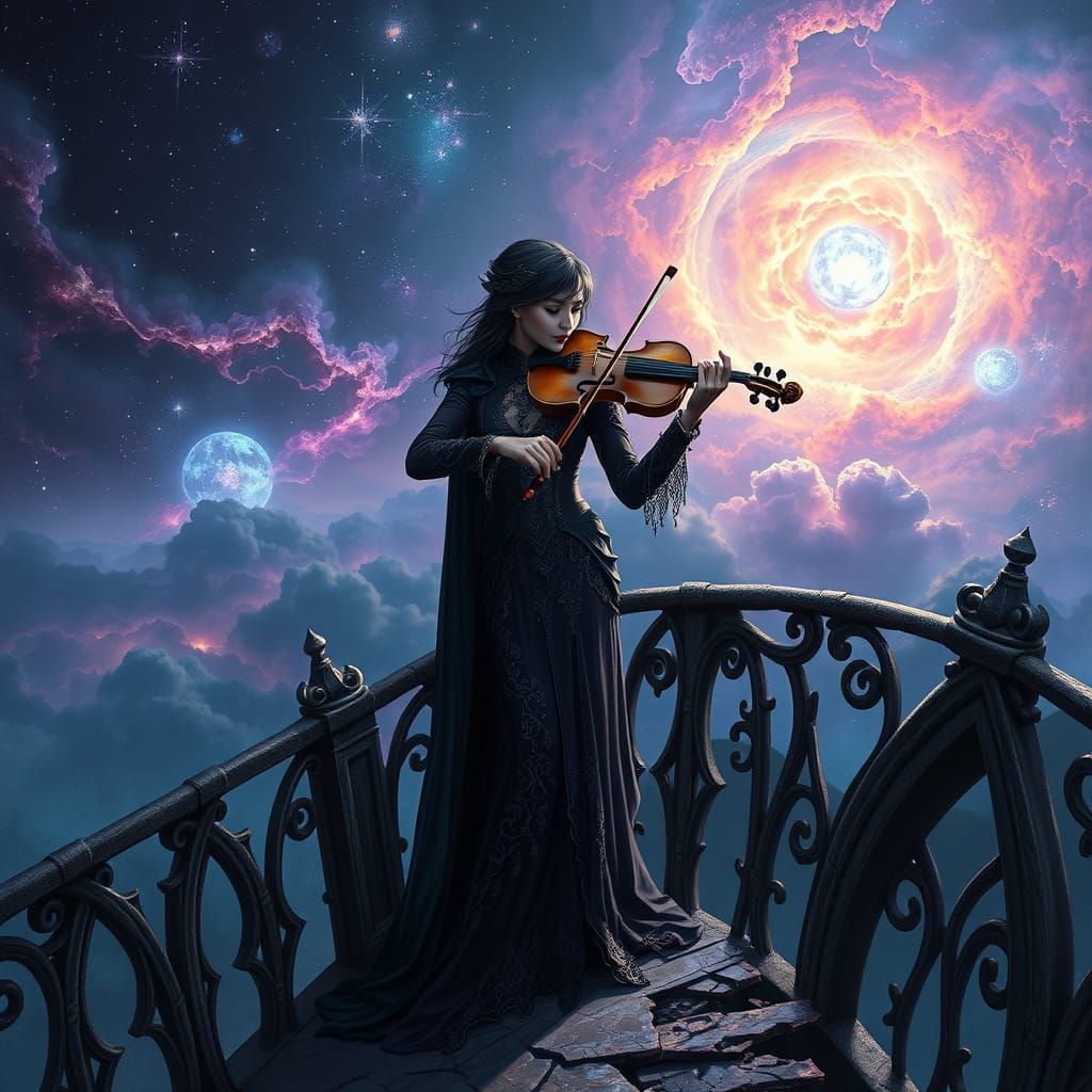 Violinist on Gothic Balcony Overlooking Nebula Sky