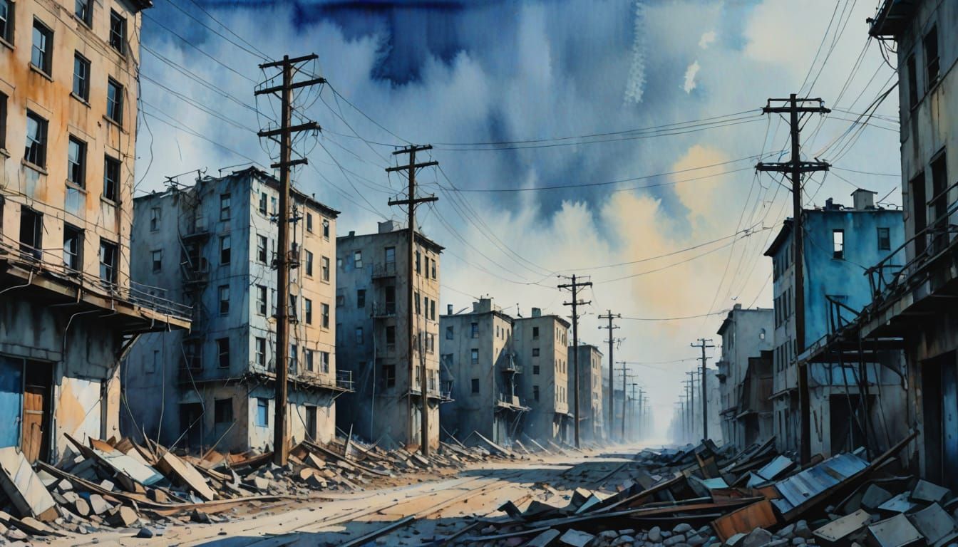 Dystopian Wasteland in Vibrant Blues and Greys
