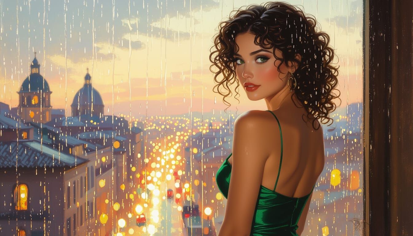 Italian Woman Gazing at City Lights Through Rainy Window