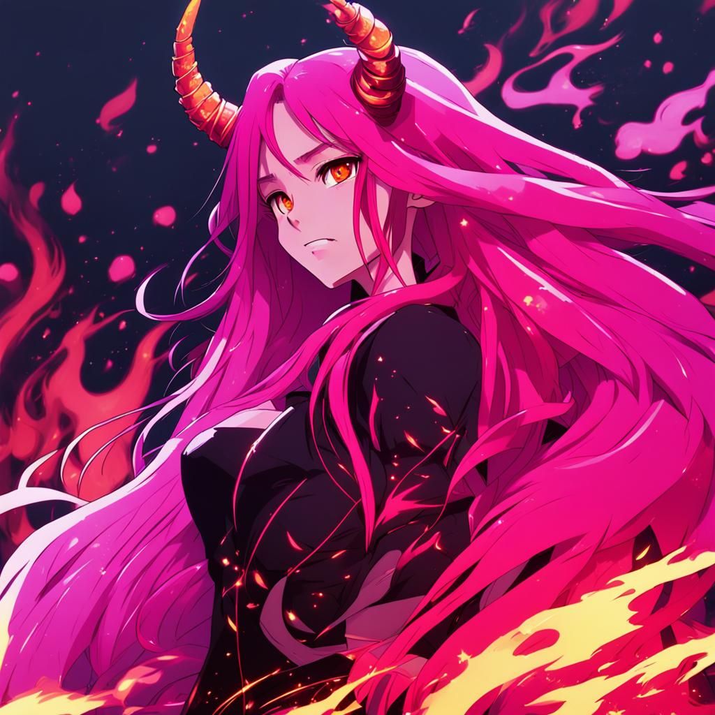Fiery Demon Woman Portrait in Anime Style