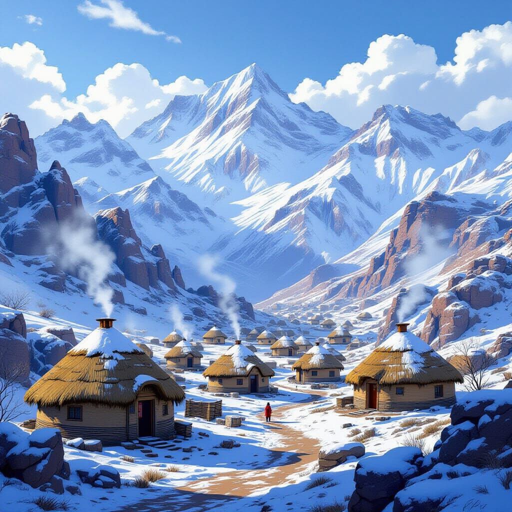 Hidden Bantu Village in Snow Capped Lesotho Mountains