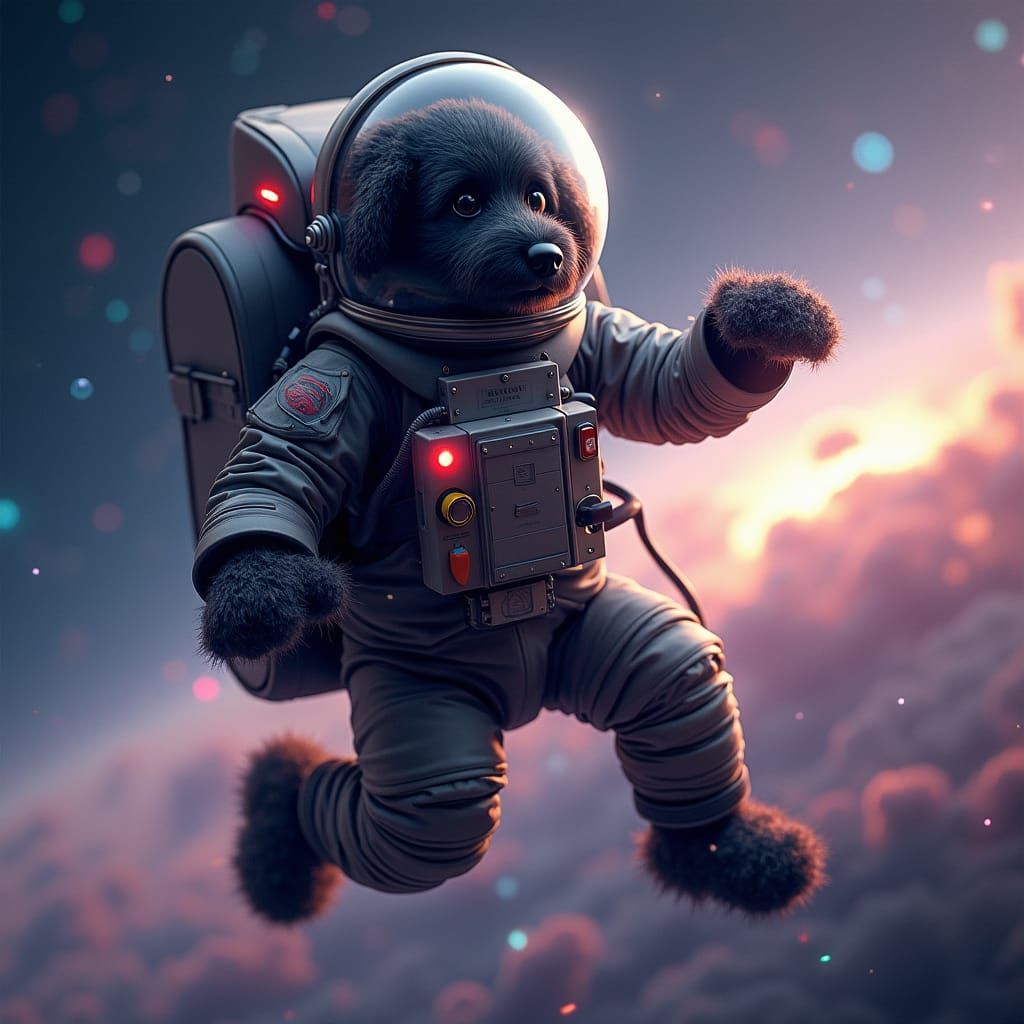 Labradoodle Astronaut in Starry Galaxy, in Sci-Fi Style