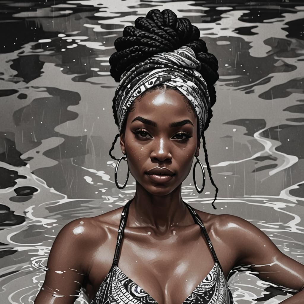 Stipple Art: African American Woman in Pool