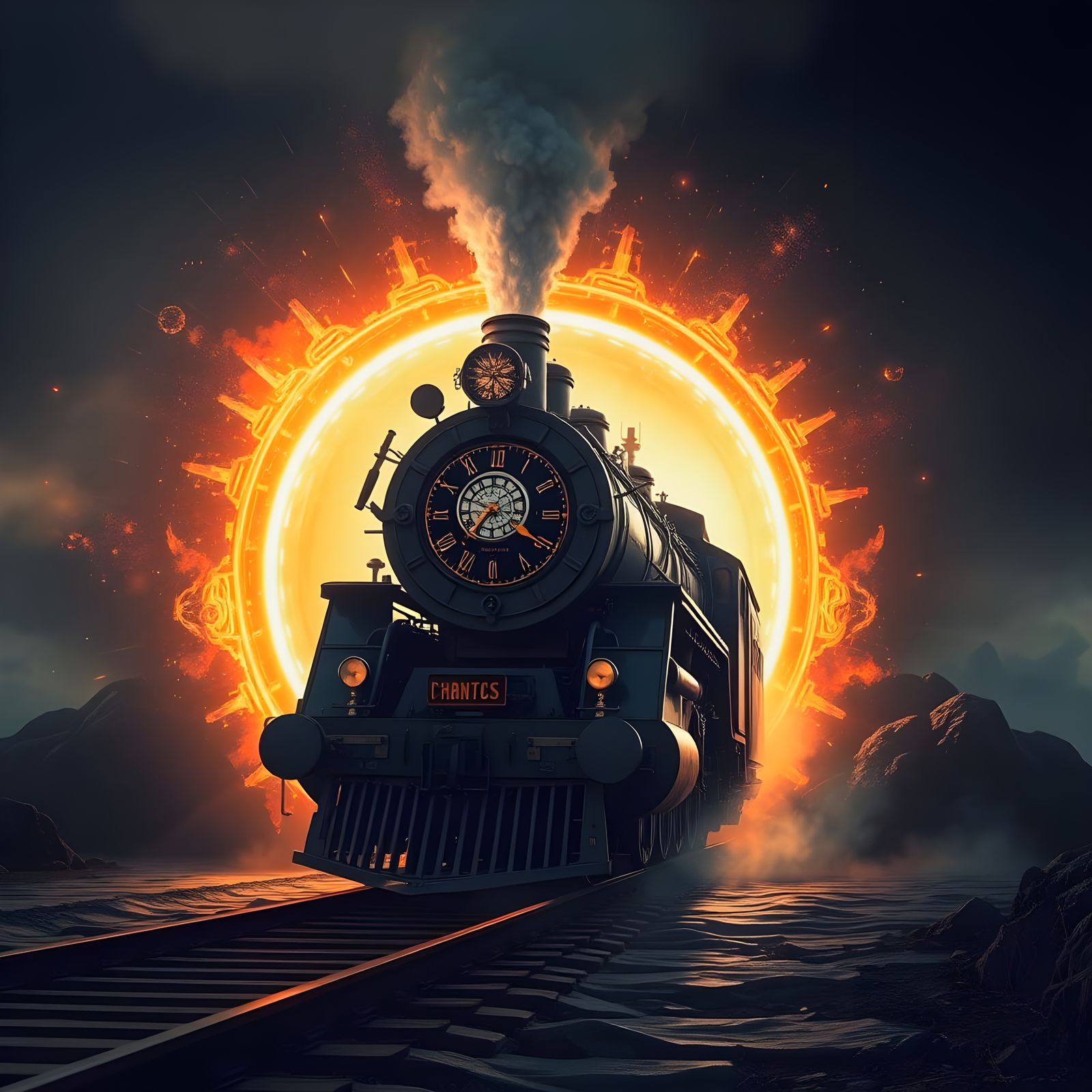Mystical Steam Train Emerges from Shimmering Portal
