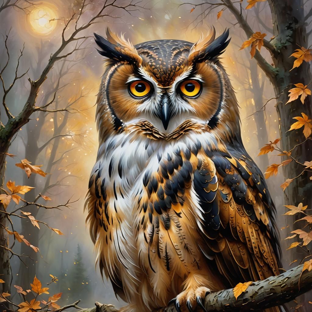 Mystical Owl with Amber Eyes in Dreamlike Setting