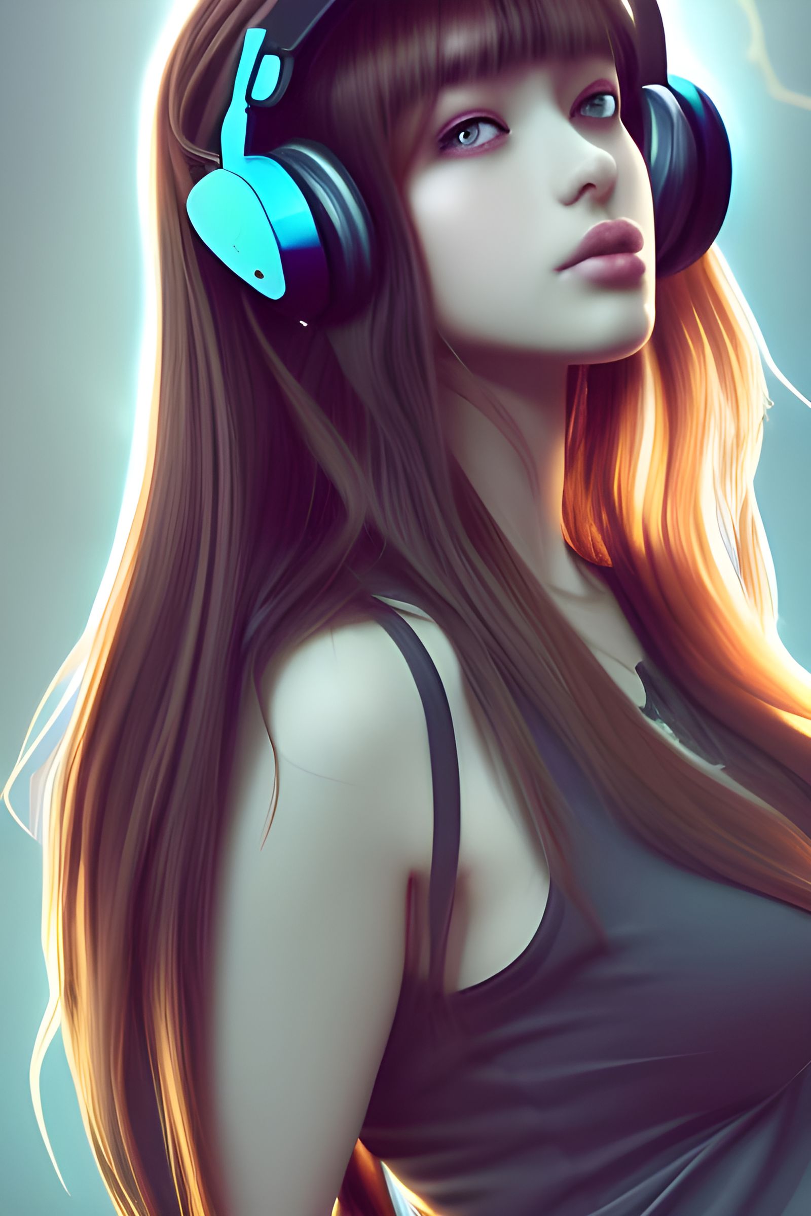 beautiful full portrait of a girl, brunette curvy long hair, full - body shot, wearing cyberpunk headphones, streetwear,...