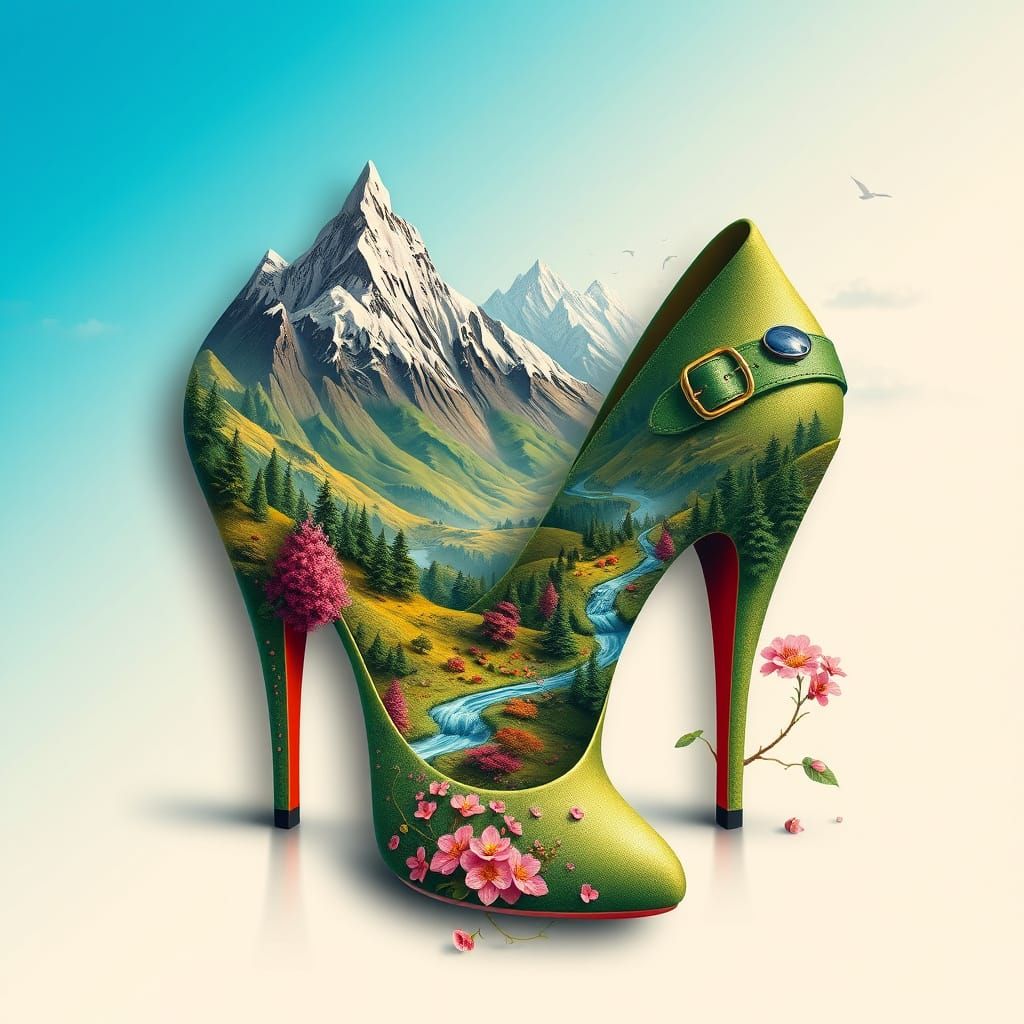 Surreal Landscape Shoe Sculpture with Vibrant Colors