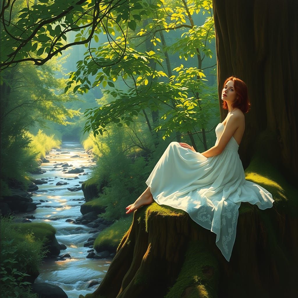 Ethereal Woman in a Lush Forest Glade