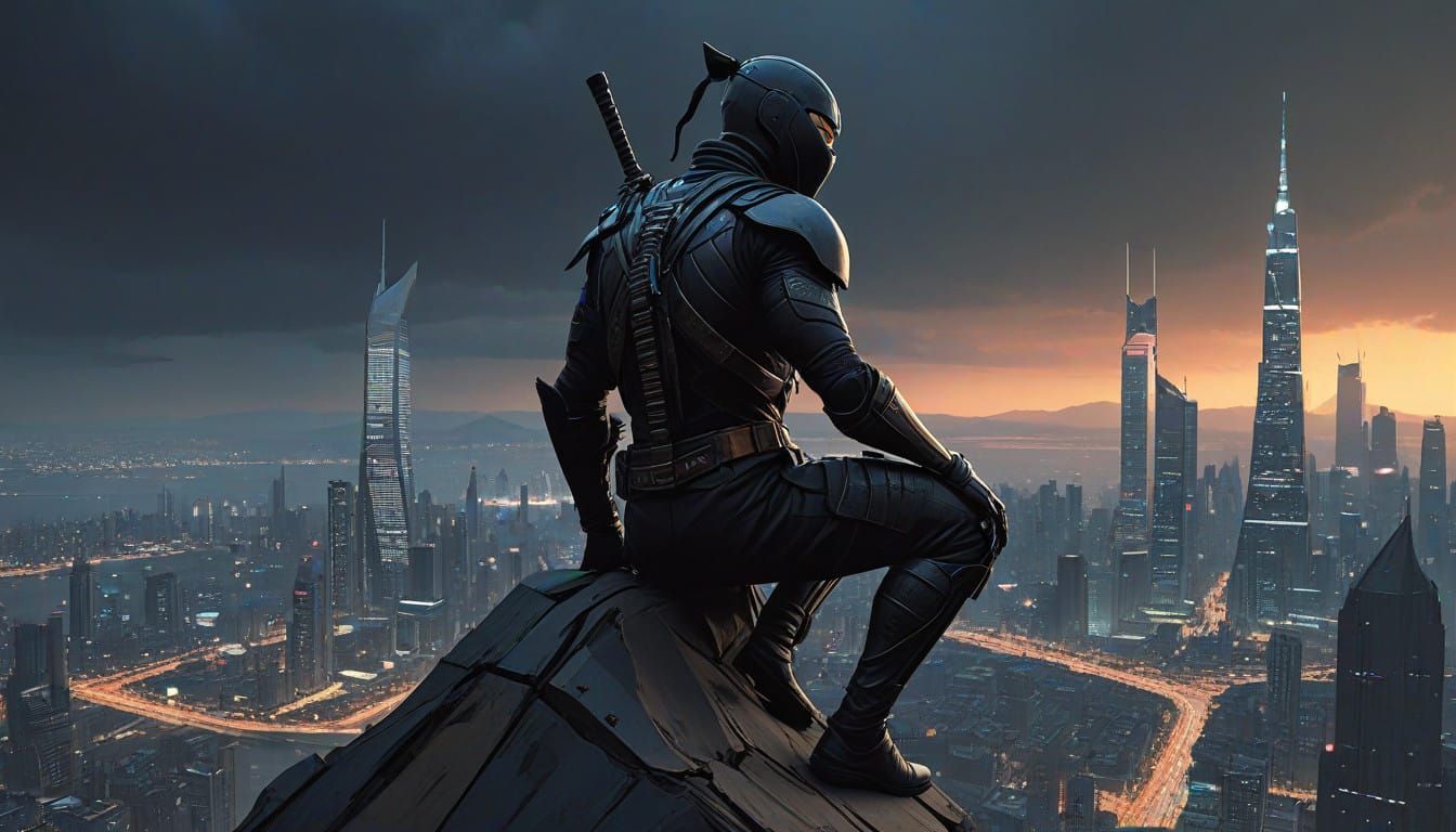Ninja Silhouetted Against City Lights
