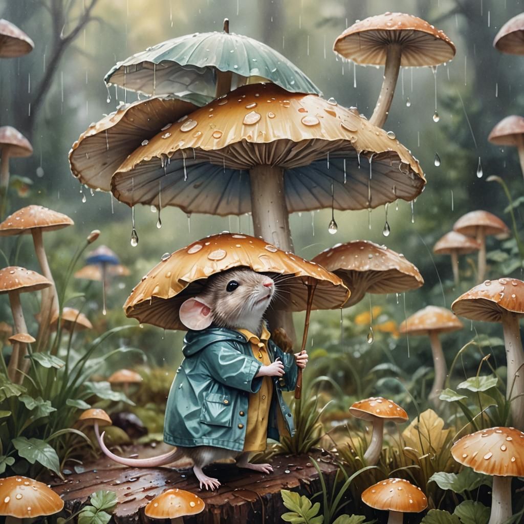 Mouse in Raincoat Under Mushroom, Watercolor Style