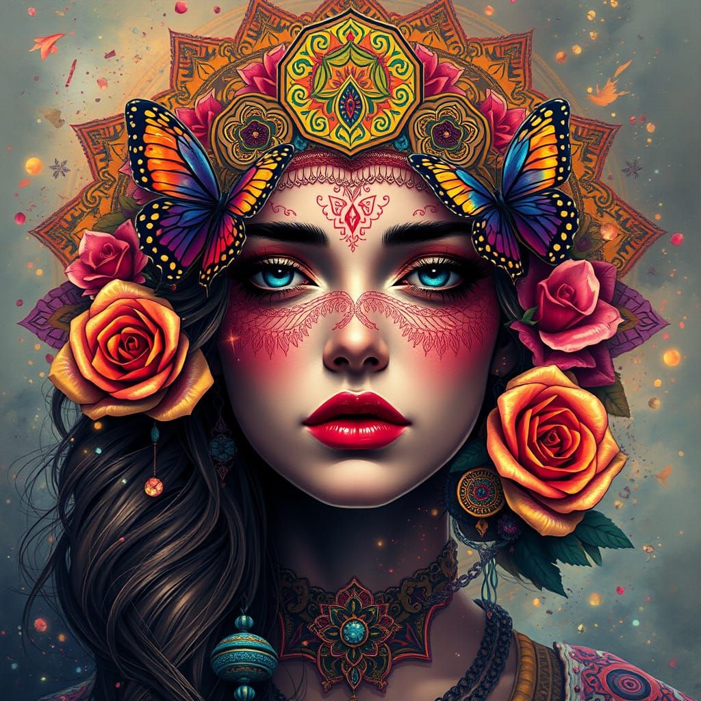 Bohemian Portrait Mandala with Butterflies and Roses