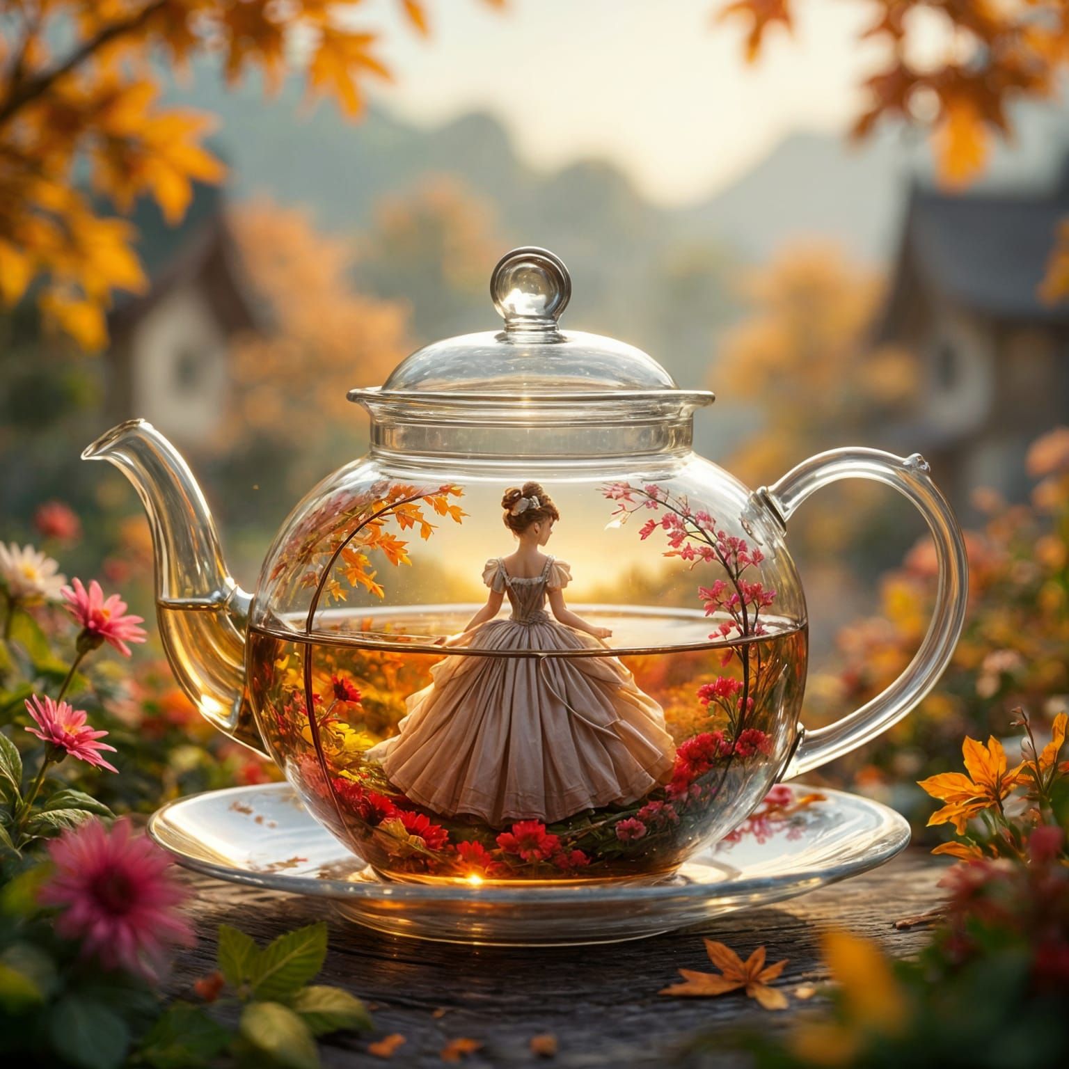 Glass Teapot with Fashionista & Autumn Village