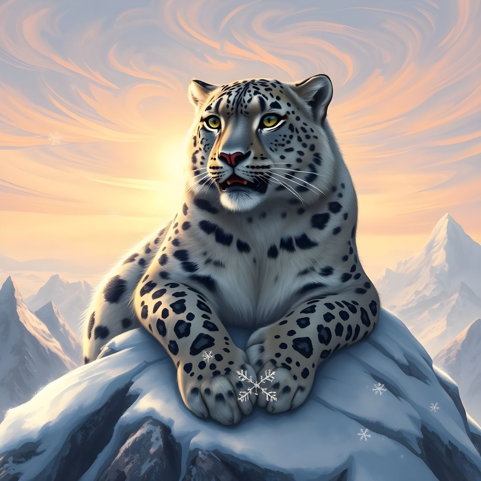 Snow Leopard Lounging on Mountain Peak in Art Nouveau Style