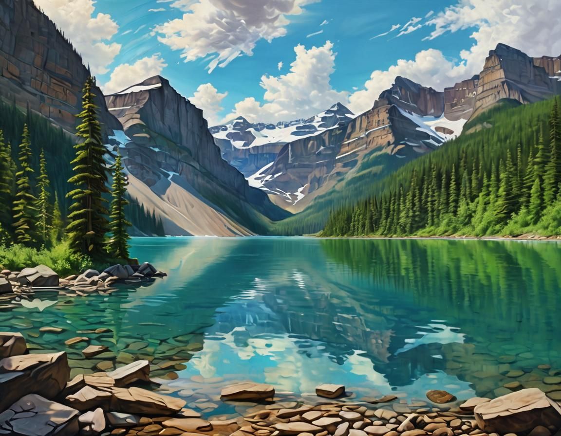 Lake Louise Oil Painting: Turquoise Waters and Glacier