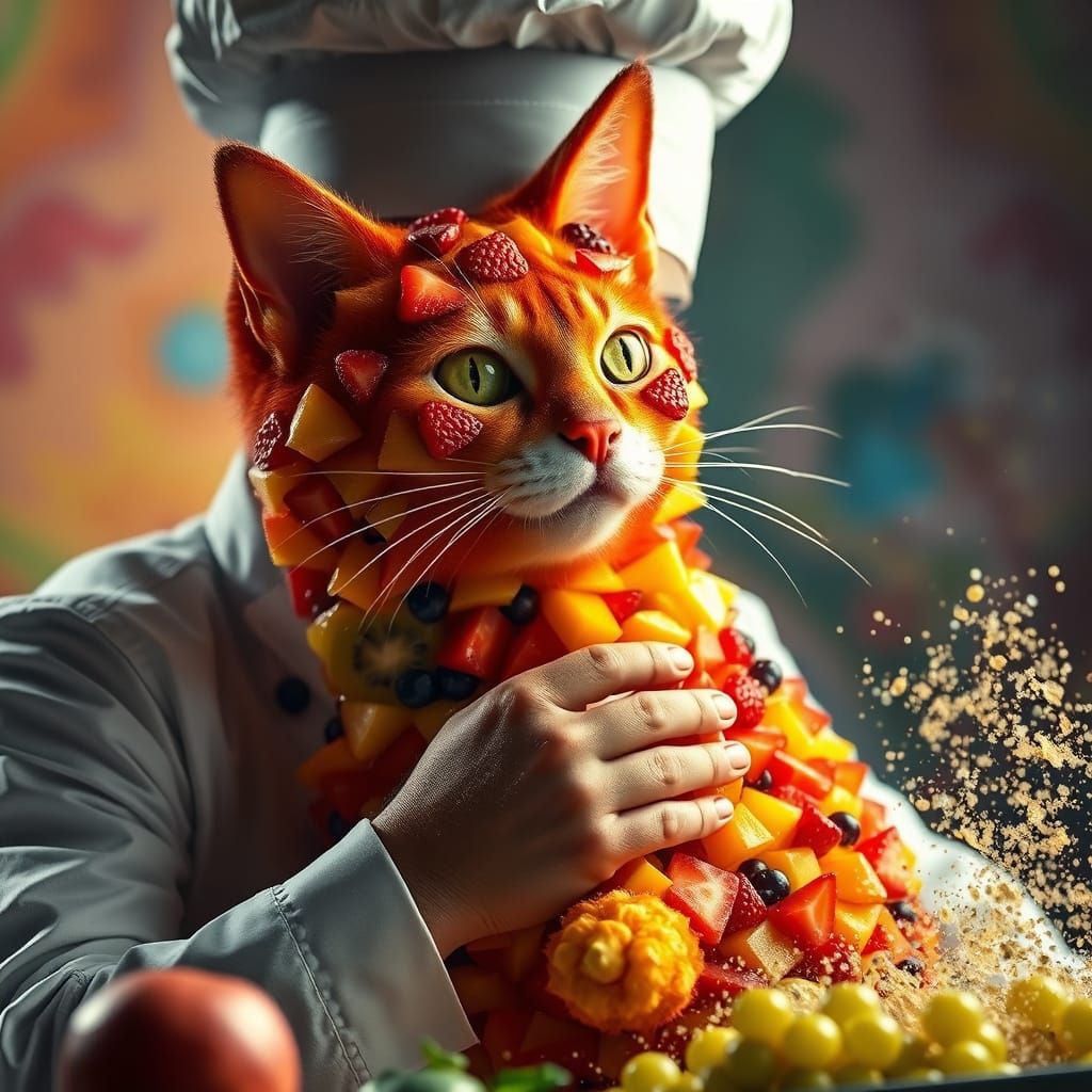 Vibrant Fruit Cat Masterpiece in Hyperrealistic Splash Art