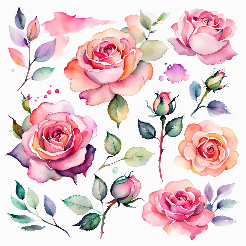 Pastel Watercolor Rose Floral Clipart on White