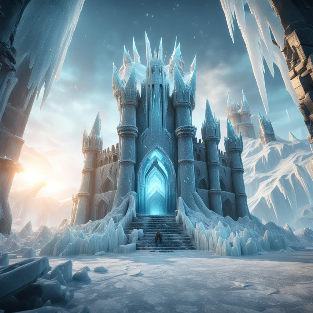 Ice Dragons Defend Ruined Frozen Castle