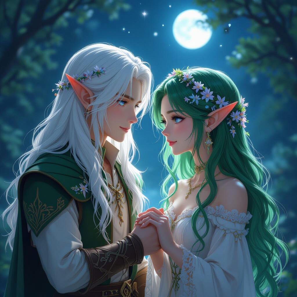 A young elf couple stands in a serene, moonlit glade, their ...