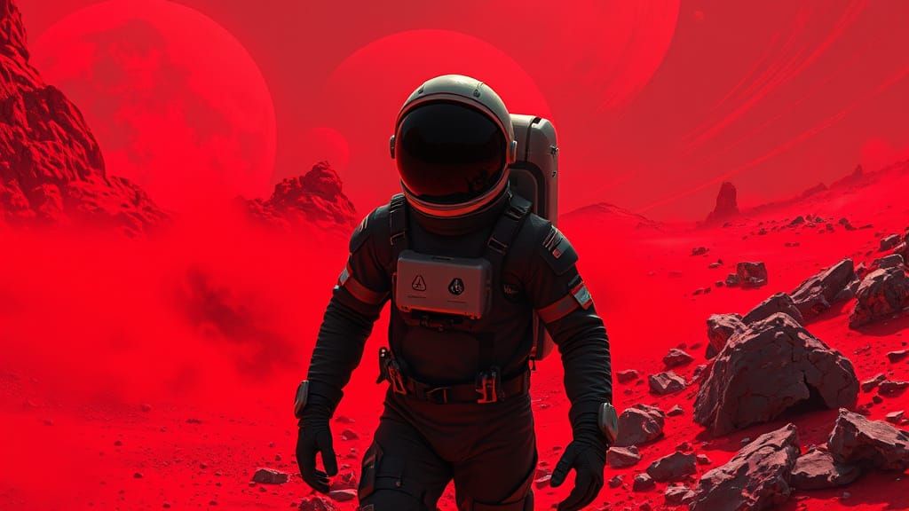 Vibrant Red Mars Landscape in Futuristic Noir Style
