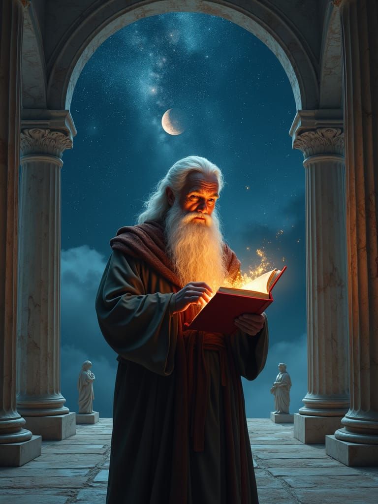 Philosopher in Ancient Temple Under Starry Sky