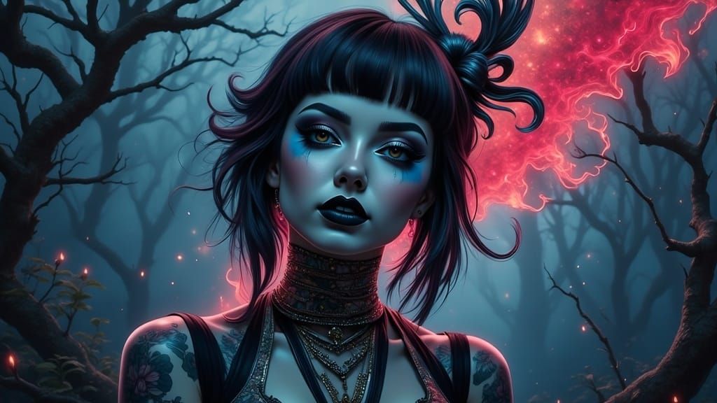 Cyberpunk Goddess Emerges from a Forest of Speakers