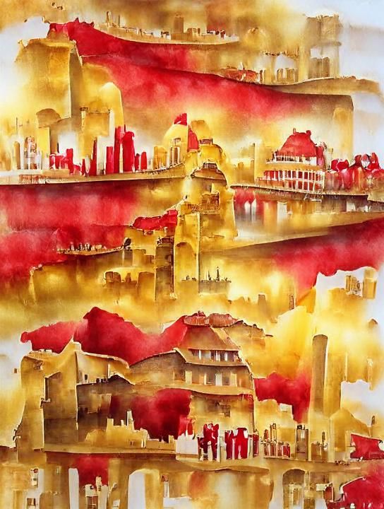 Red and Gold Watercolor Cityscape