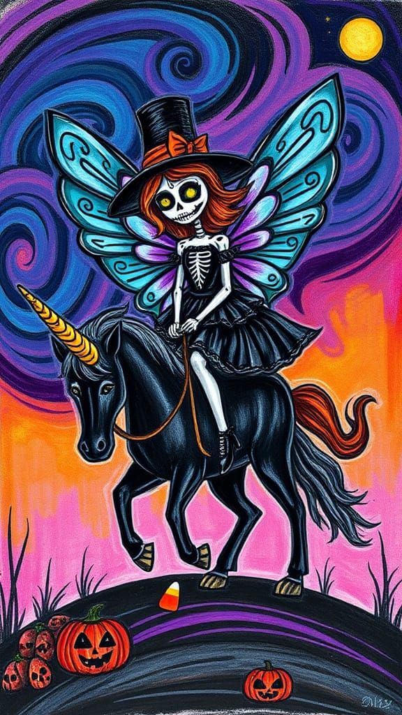 Aztec child-like drawing goth sugar skull werewolf fairy riding a ( black unicorn with a candy corn horn )on Hallow...