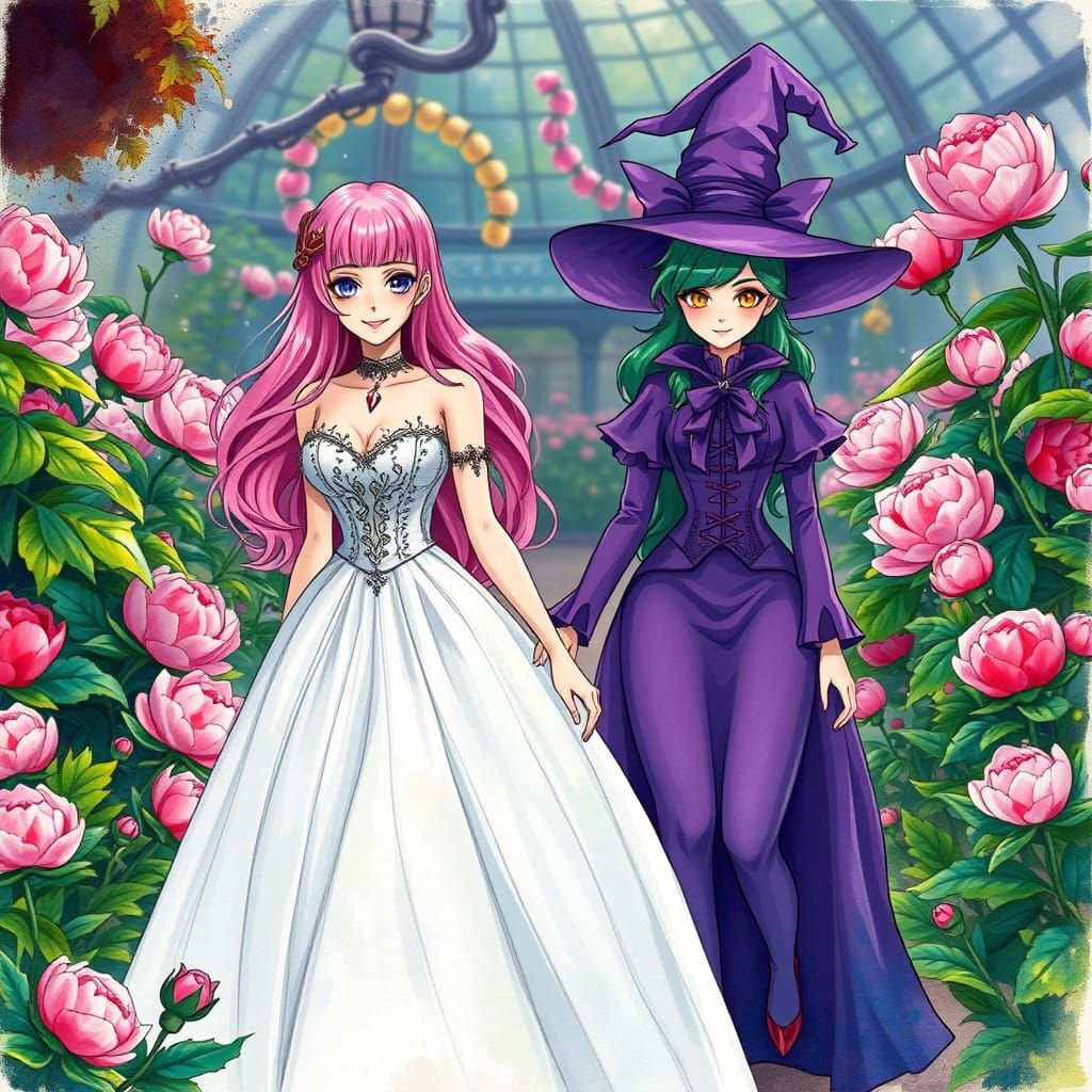 Gothic Princesses Stroll through a Vibrant Peony Garden