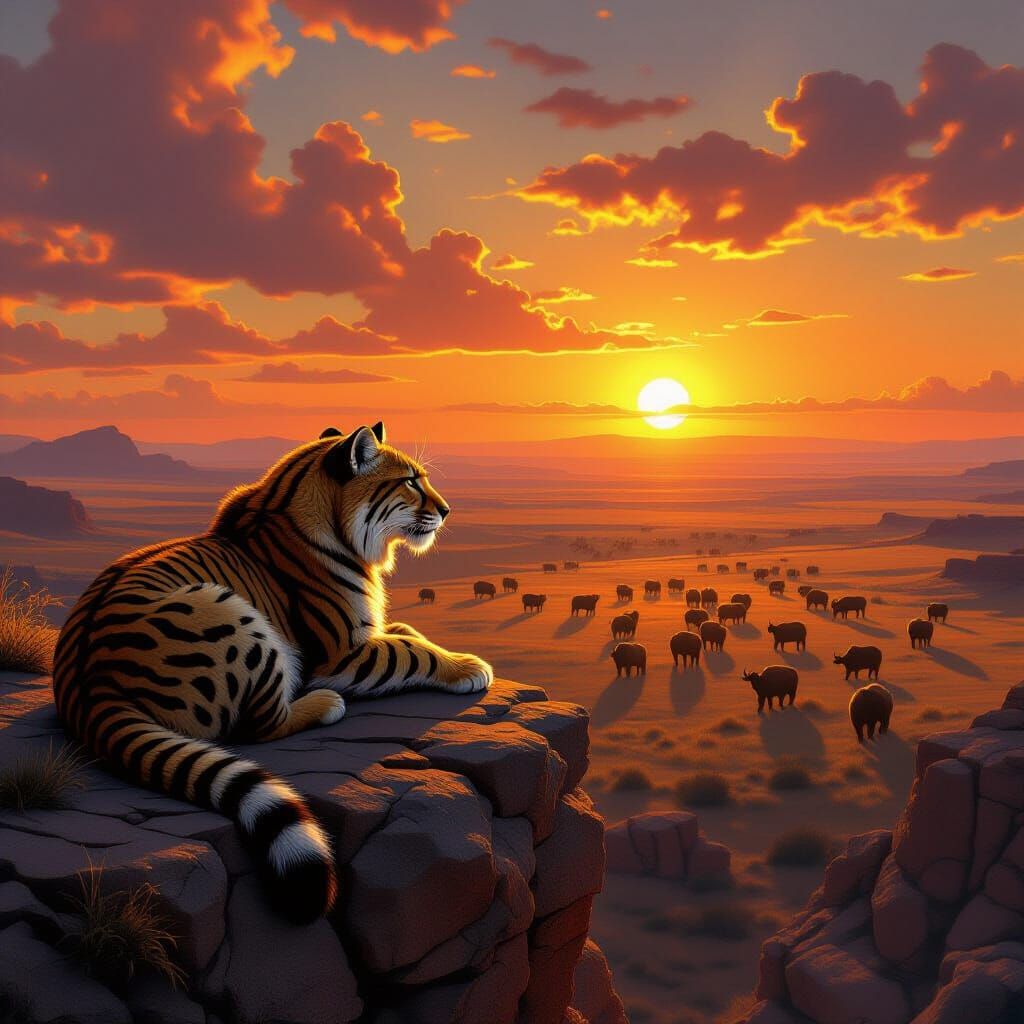 Saber-Toothed Cat Overlooking Prehistoric Savanna in Hyperre...