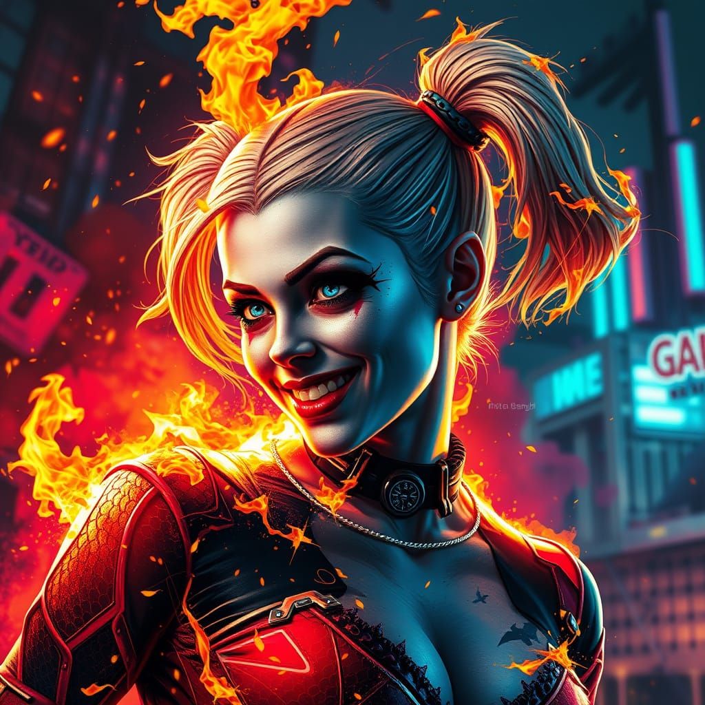 Harley Quinn in Flames: Hyperrealistic Splash Art