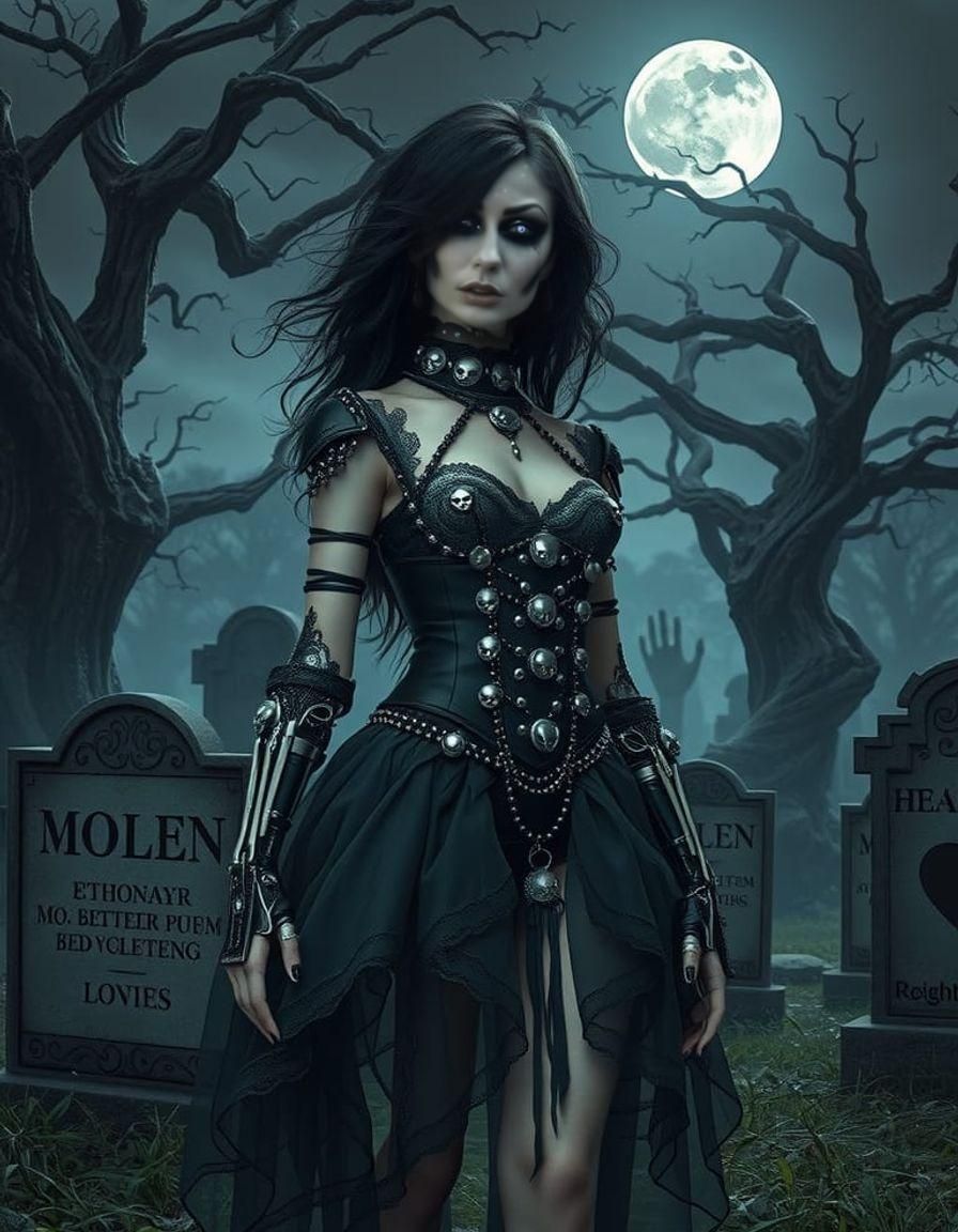 Gothic Cyborg with Jeweled Costume in Graveyard