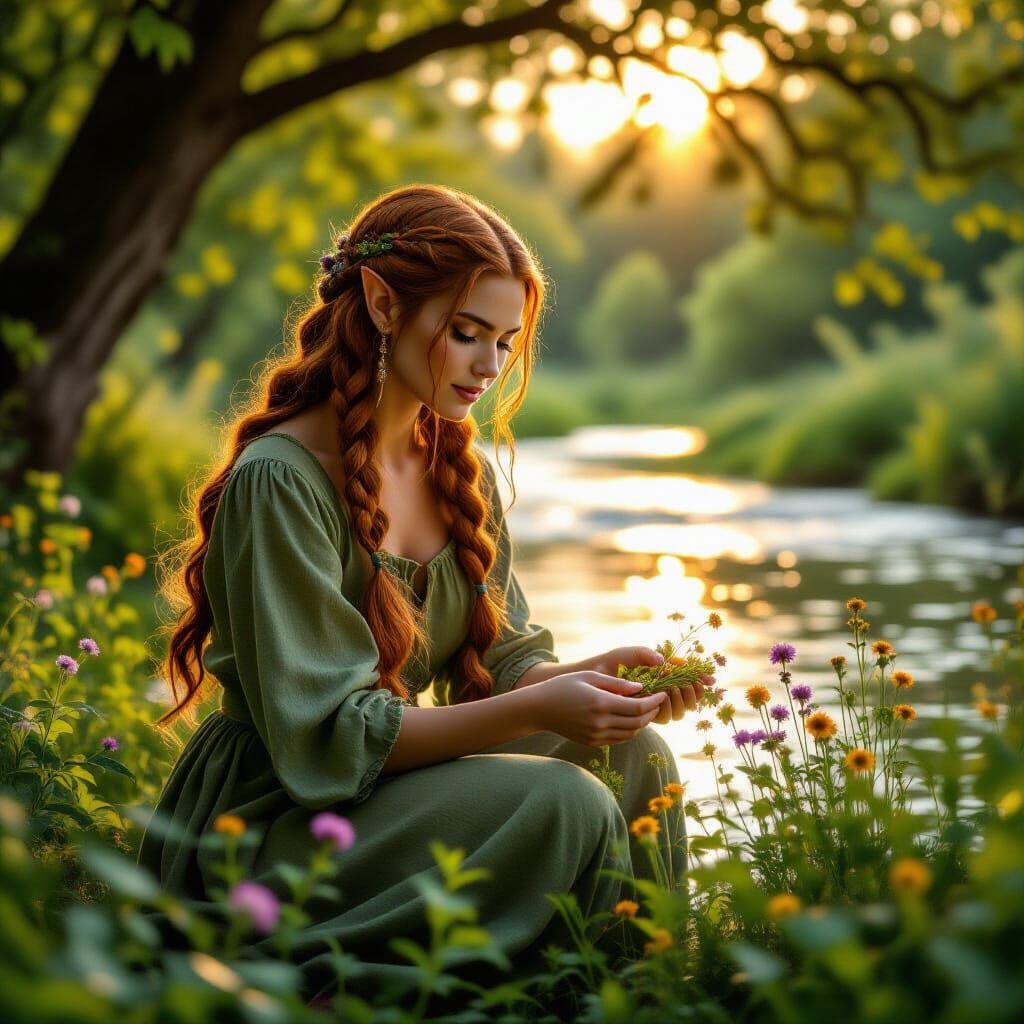 Photorealistic Elf Herbalist Gathering Herbs by River at Gol...
