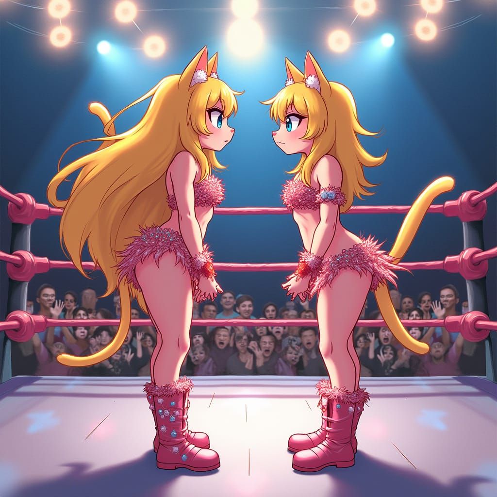 Blonde Catgirl Wrestlers Clash in a Vibrant Wrestling Ring