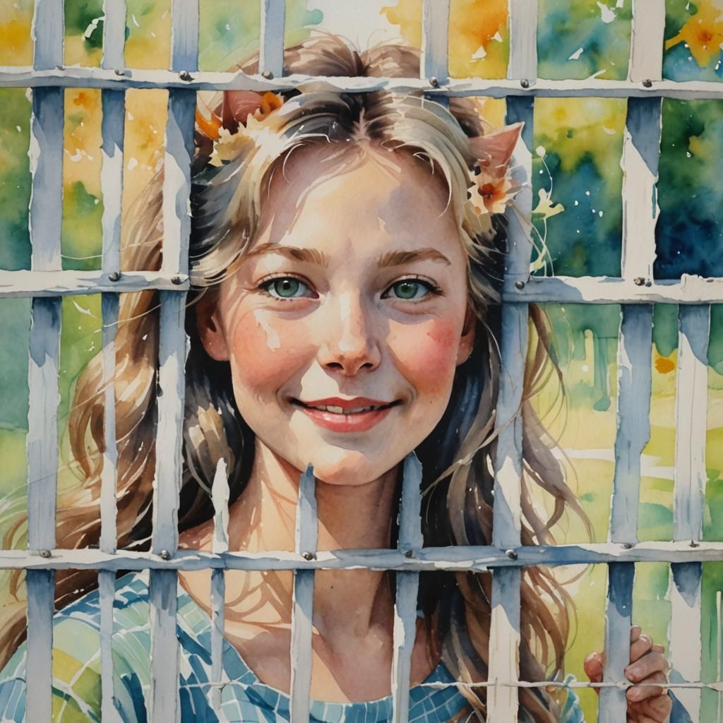 Smiling Cat Behind Fence in Watercolor Painting