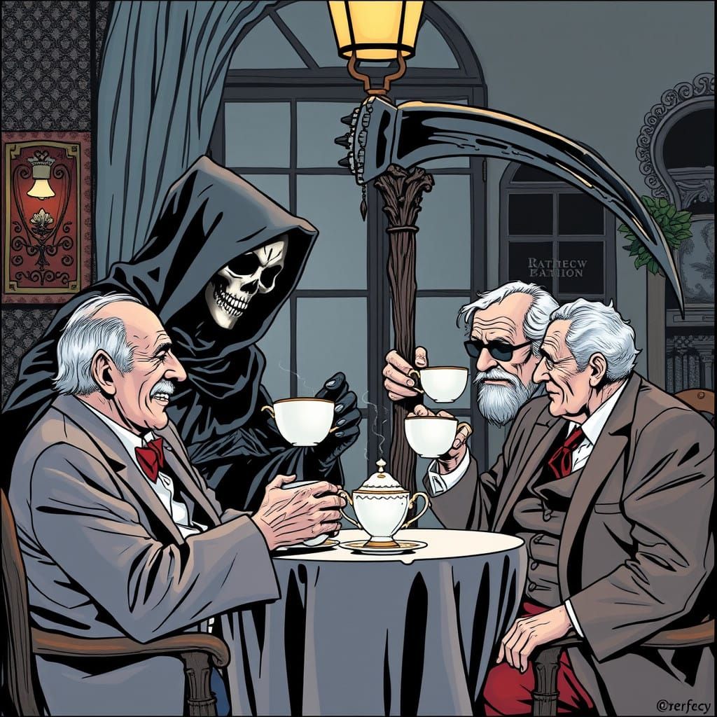 Grim Reaper Sips Tea with Elderly Couple in Comic Book Style