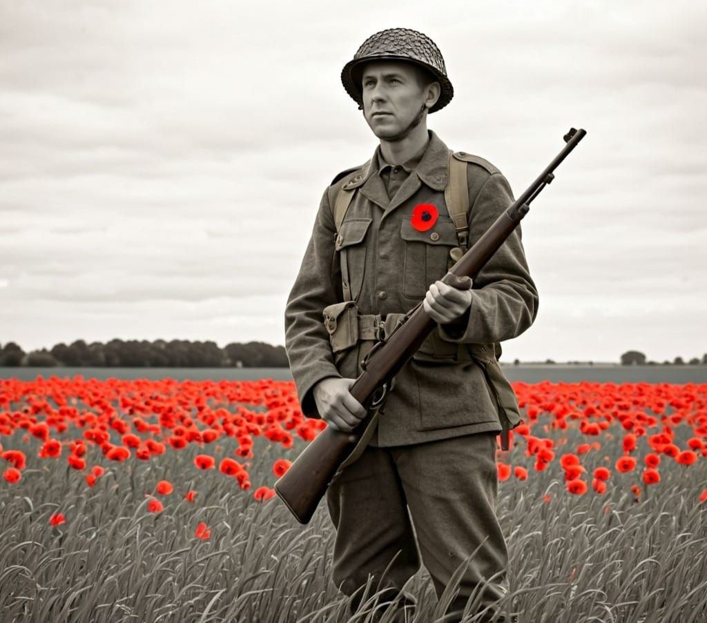 WW2 Soldier with Red Poppy in Vintage Style