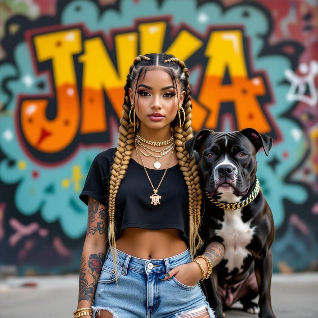 Graffiti Girl with Dog and Braids in Street Art Style