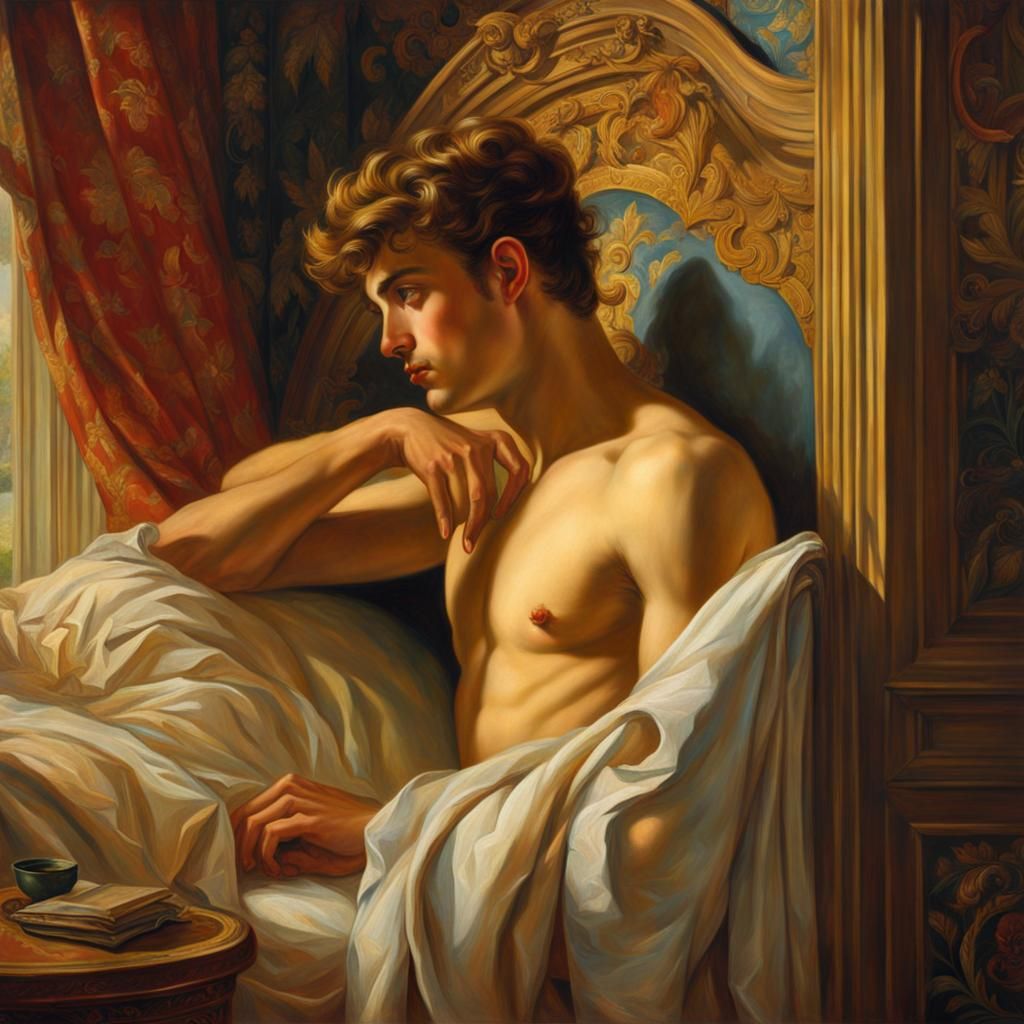 trompe de l'oeil painting in the style of Henri Bol and gaston bussiere; a handsome young gay man in a bedroom, forced-p...