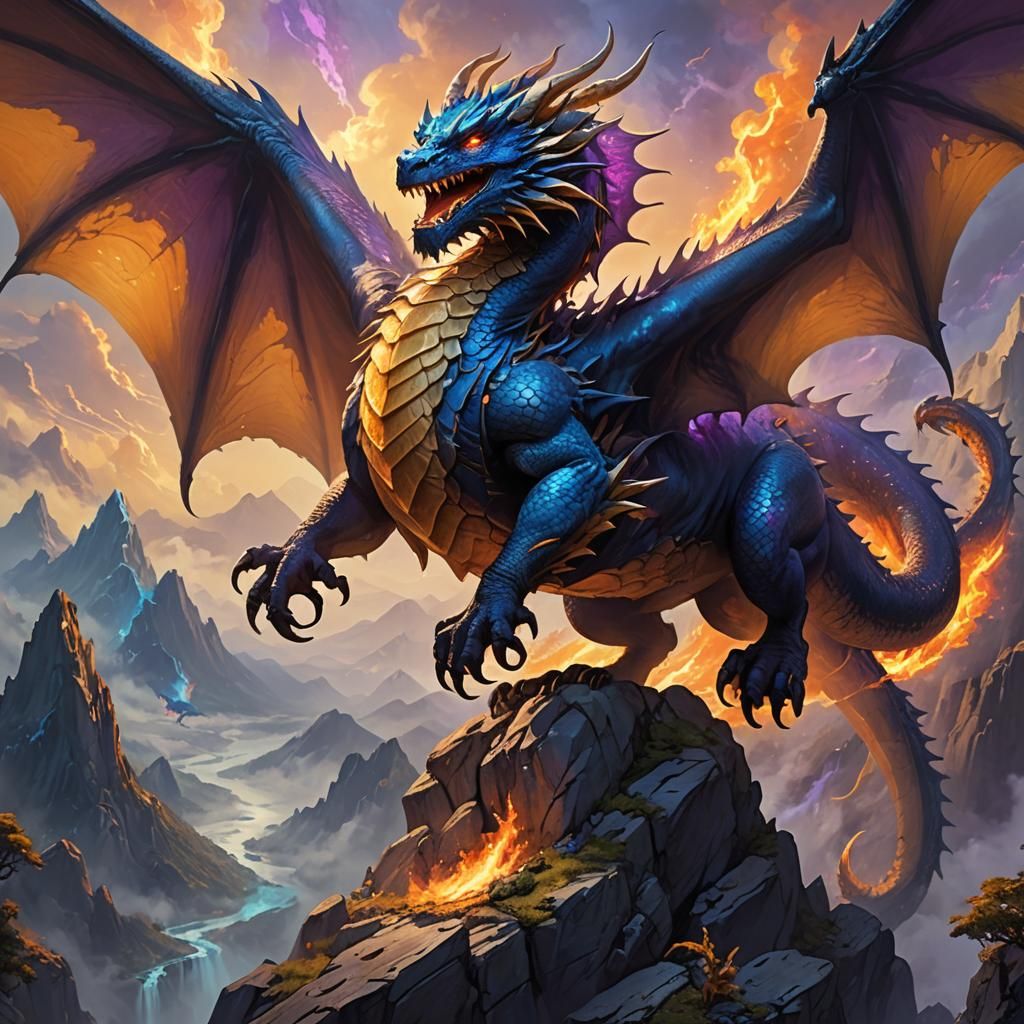 Dragon on Mountain with Azure Flames, Fantasy Art