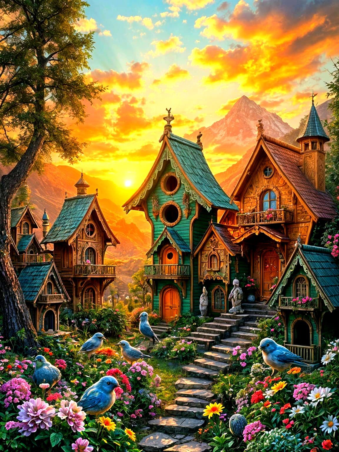 Birdhouses in a Beautiful Valley at Sunset