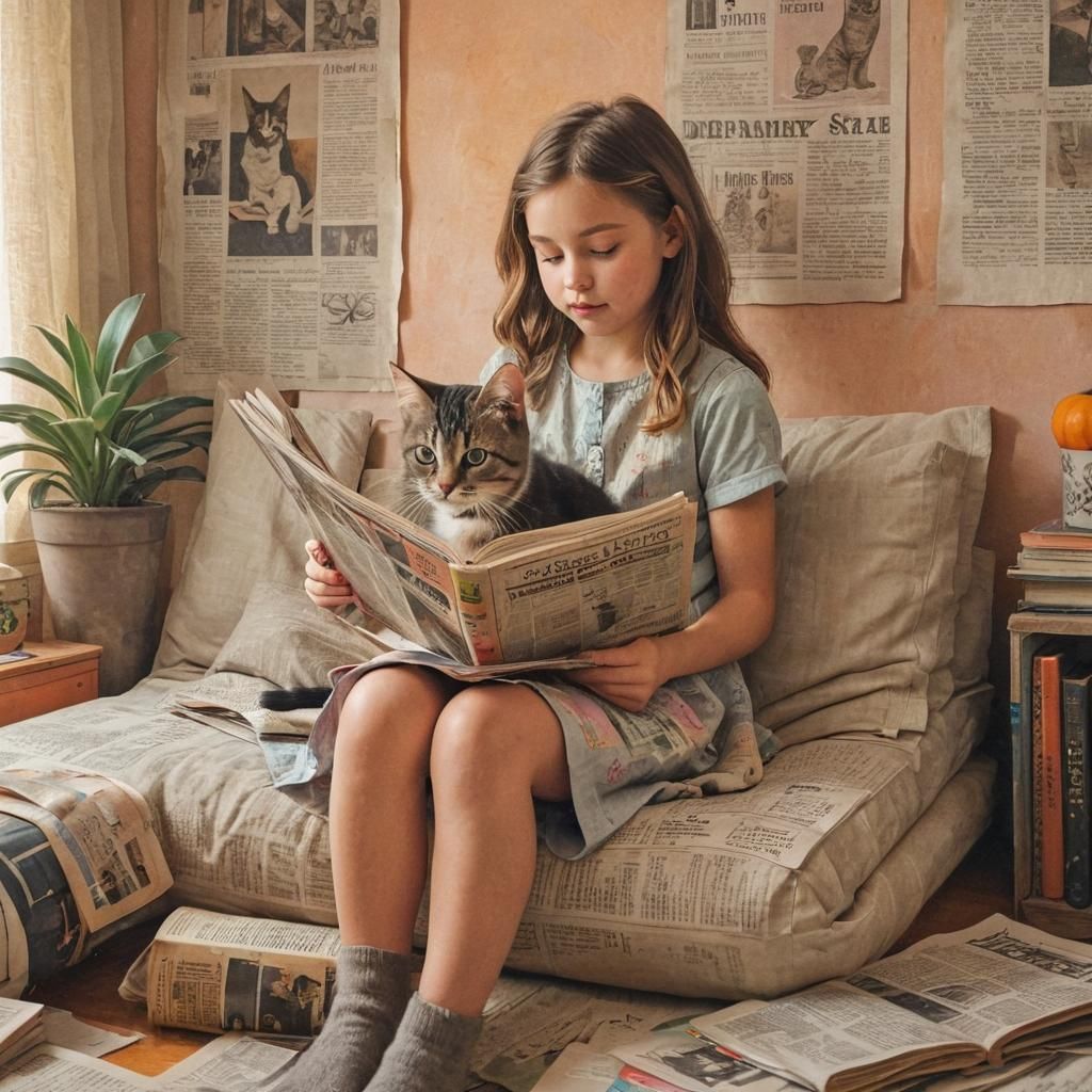 Girl and Cat in Newspaper Collage Art