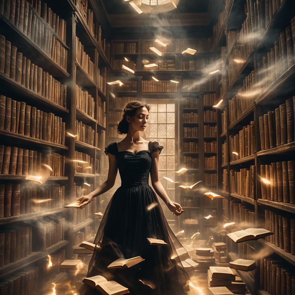 Ethereal Woman in Library: Surreal Light Painting