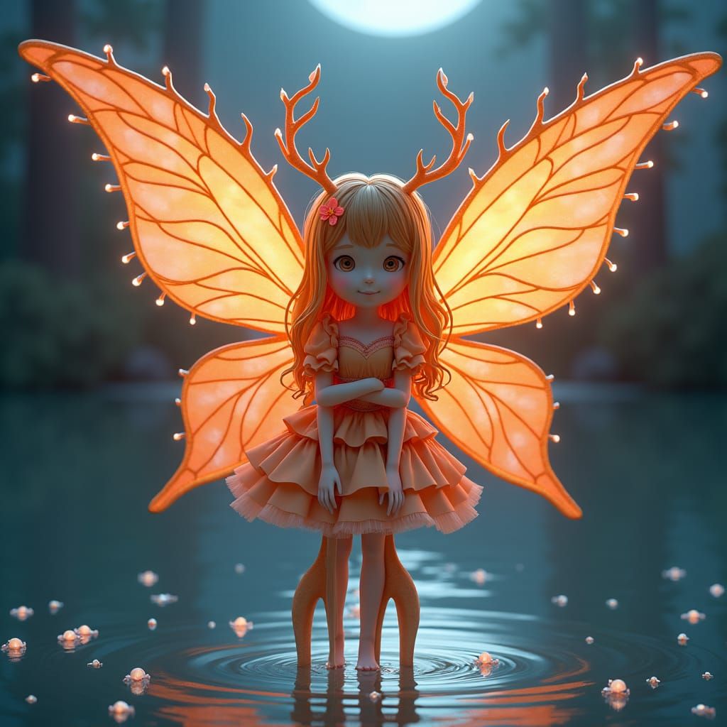 Anime Fairy Princess with Orange Wings by Lake