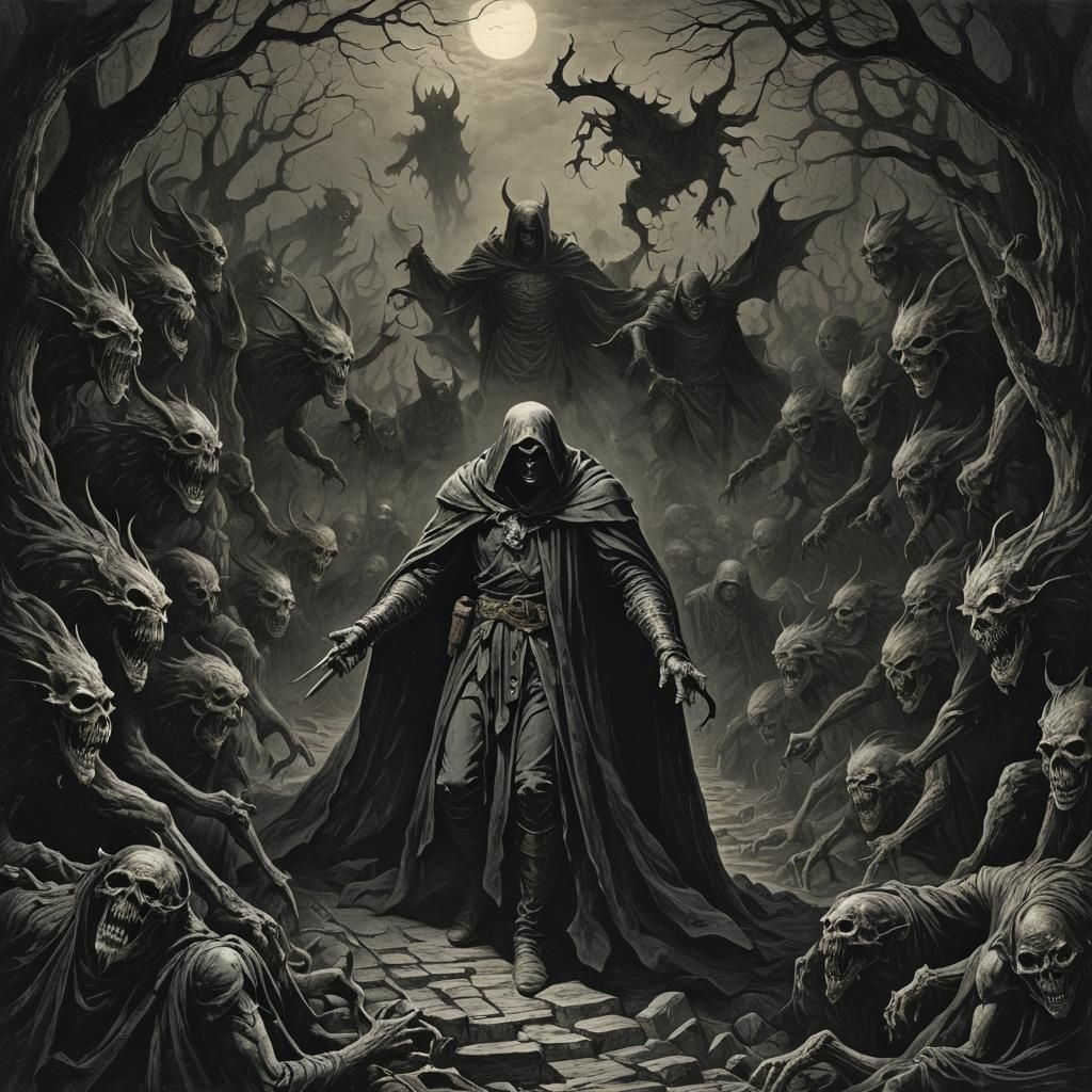 Nightmarish Figures Emerge from Shadows: Horror Illustration