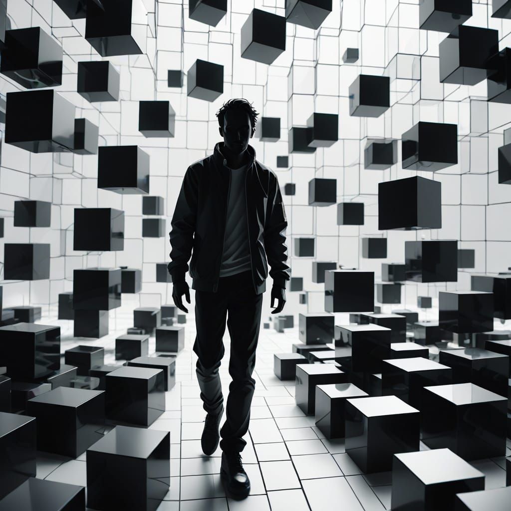 Minimalist Silhouette Drifting Among Geometric Forms