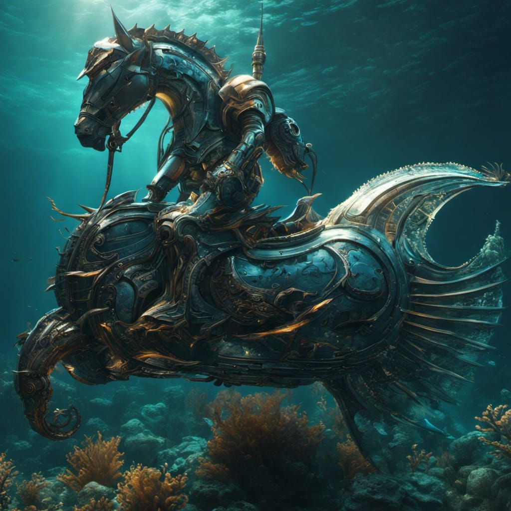 Futuristic Knight Rides Seahorse in Underwater Sci-Fi Landsc...